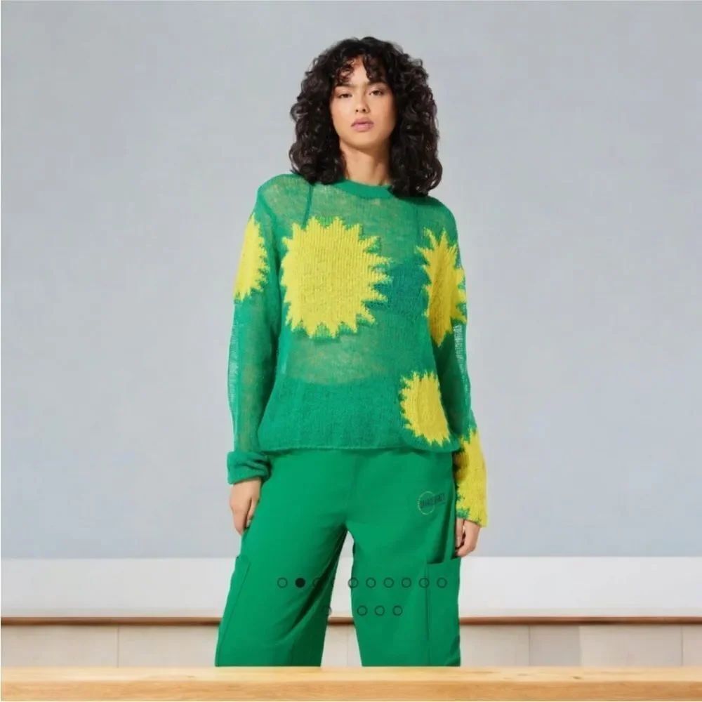 Savage Fenty Knittin Pretty Loose Knit Sweater Green Light Green & Yellow Size M